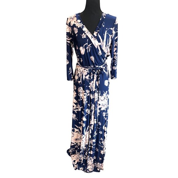 TriaTria Plus Size 1X Floral Navy Pink Maxi Wrap Dress 3/4 Sleeves Tie Waist - Picture 1 of 11